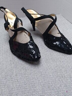 Black Sequin Strappy Pointed-Toe Vintage 80s 90s HL Steppers Women’s Heels Sz 7